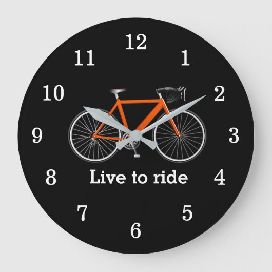 オレンジ色の自転車を黒に乗せた引用文 ラージ壁時計 (正面)