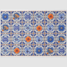 オレンジ色の花が切り離された青いタイル