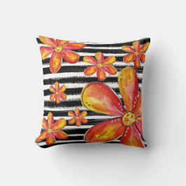 オレンジ色の花が黒いストライプ花 クッション