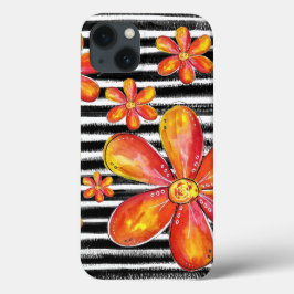 オレンジ色の花が黒いストライプ花 iPhone 13ケース