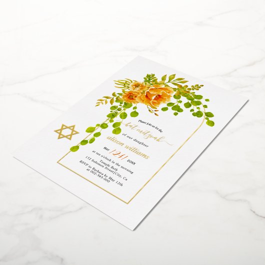 オレンジ色の花とアーチバルミツワー金ゴールド箔 箔招待状 (回転した状態)