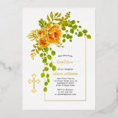 オレンジ色の花とアーチフローラバプテスマ金ゴールド 箔招待状 (正面)
