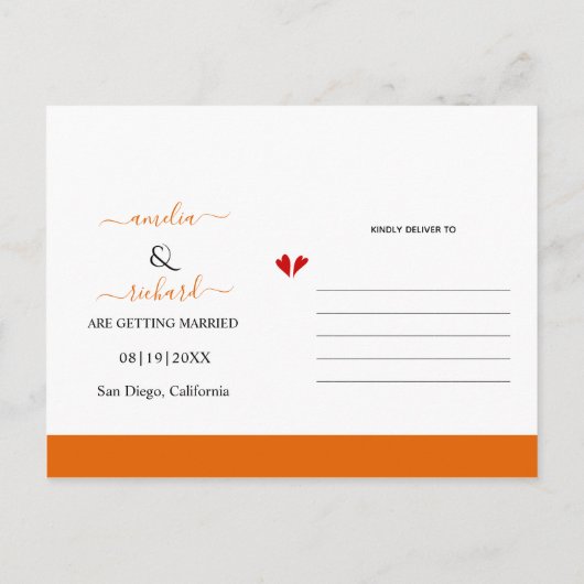 オレンジ色の花とアーチ秋の結婚式日付を保存 ポストカード (裏面)