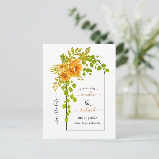 オレンジ色の花とアーチ秋の結婚式日付を保存 ポストカード (スタンド正面)