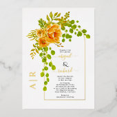 オレンジ色の花とアー結婚チの実在金ゴールド箔 箔招待状 (正面)
