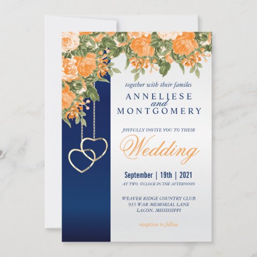 オレンジ色の花とネイビーブルー招待状 招待状 (正面)