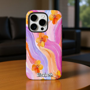 オレンジ色の花とパステルスワール iPhone 16 PROケース