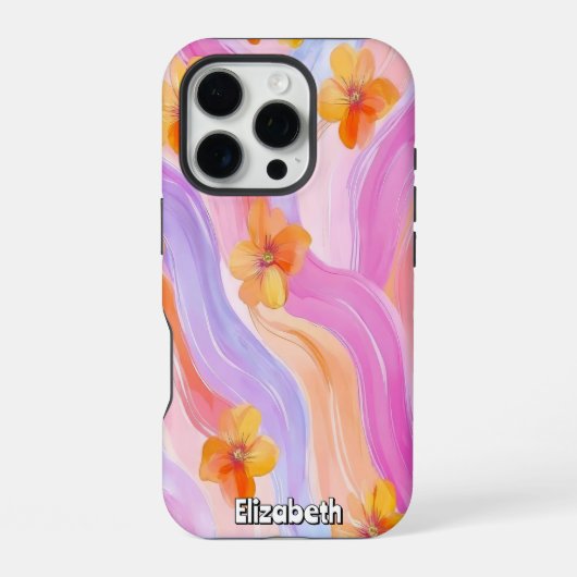 オレンジ色の花とパステルスワール iPhoneケース (裏面)