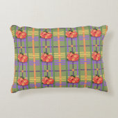 オレンジ色の花とモスグリーンの格子枕 アクセントクッション (正面)