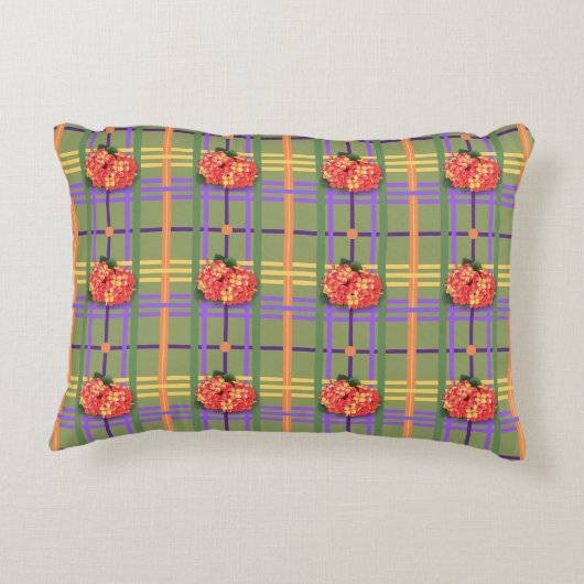 オレンジ色の花とモスグリーンの格子枕 アクセントクッション (裏面)
