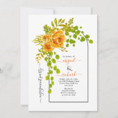 オレンジ色の花と結婚アーチ婚約パーティ 招待状 (正面)