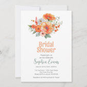 オレンジ色の花と緑の白いブライダルシャワー 招待状 (正面)
