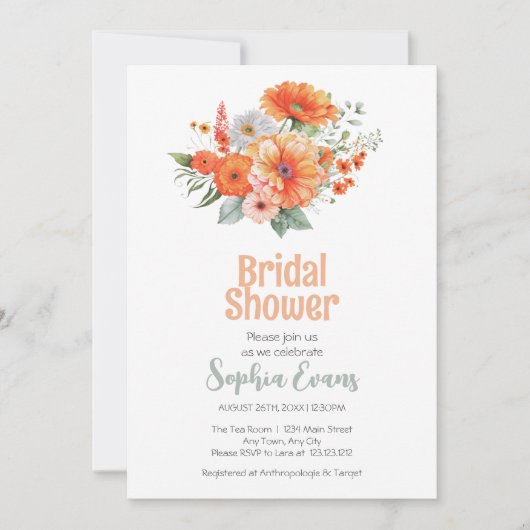 オレンジ色の花と緑の白いブライダルシャワー 招待状 (正面)
