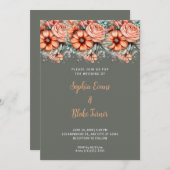 オレンジ色の花と緑結婚の緑 招待状 (正面/裏面)