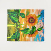 オレンジ色の花と緑葉の花 – ひまわり夕日 タペストリー (正面(横))