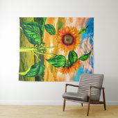 オレンジ色の花と緑葉の花 – ひまわり夕日 タペストリー (インサイチュ(横))