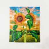 オレンジ色の花と緑葉の花 – ひまわり夕日 タペストリー (正面)