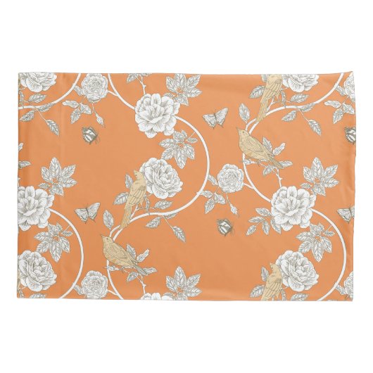 オレンジ色の花と鳥 枕カバー (裏面)