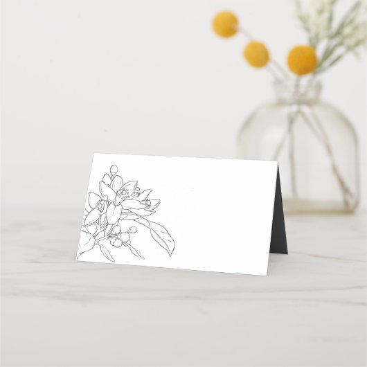 オレンジ色の花のスケッチモノグレー結婚の白 プレイスカード (正面)