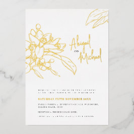 オレンジ色の花のスケッチ結婚写真 箔招待状
