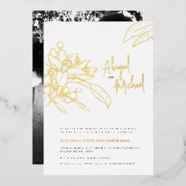 オレンジ色の花のスケッチ結婚写真 箔招待状