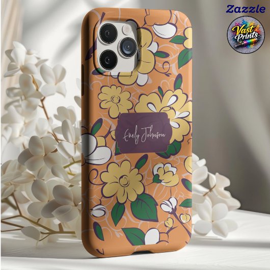 オレンジ色の花のビンテージ風フラワーイラスト 名入れ可能 Case-Mate iPhoneケース