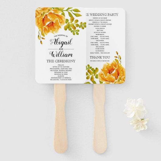 オレンジ色の花のフローラ結婚式プログラム ハンドファン (正面&裏面)