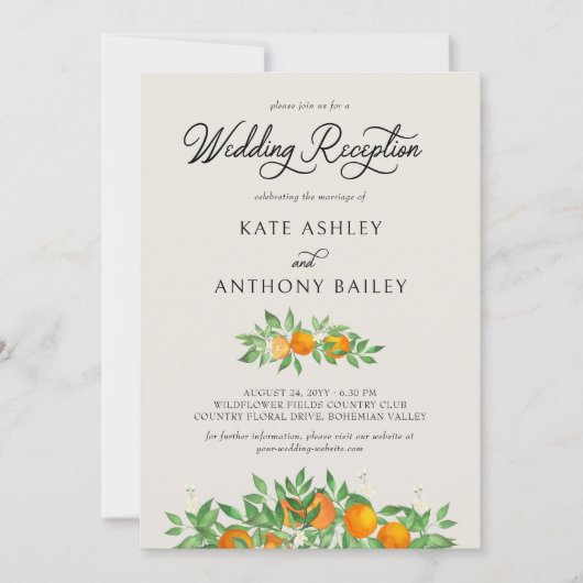 オレンジ色の花の写真のウェディングレセプションのみ 招待状 (正面)