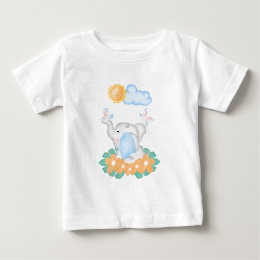オレンジ色の花の可愛い赤ちゃん象 ベビーTシャツ (正面)