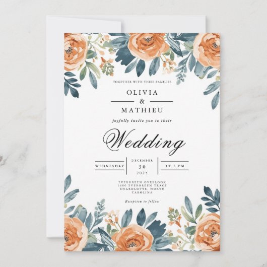 オレンジ色の花の水彩ウェディング 招待状 (正面)