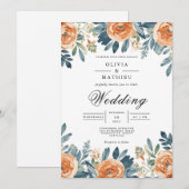 オレンジ色の花の水彩ウェディング 招待状 (正面/裏面)
