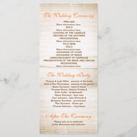 オレンジ色の花の結婚式のメイソンジャー プログラム (裏面)