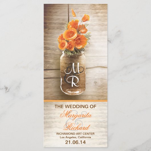 オレンジ色の花の結婚式のメイソンジャー プログラム (正面)
