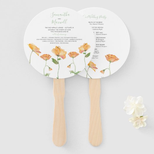 オレンジ色の花の結婚式プログラムファン ハンドファン (正面&裏面)