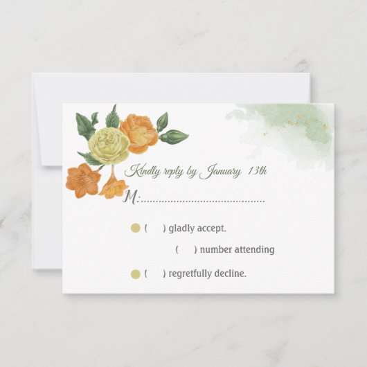 オレンジ色の花の緑の応答カードrsvp 出欠カード (正面)