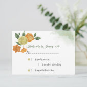 オレンジ色の花の緑の応答カードrsvp 出欠カード (スタンド正面)