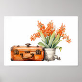 オレンジ色の花をバケツにヴィンテージスーツケースで ポスター (正面)