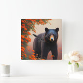 オレンジ色の花を咲かせた黒熊 スクエア壁時計 (ホーム)