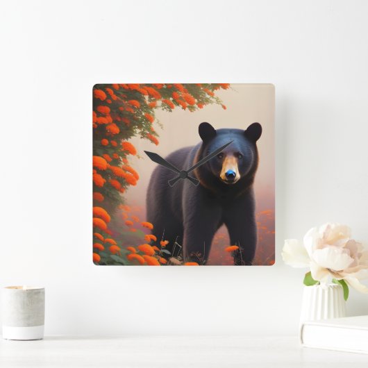 オレンジ色の花を咲かせた黒熊 スクエア壁時計 (ホーム)