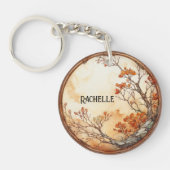 オレンジ色の花を持つツリーtwigリース葉 キーホルダー (正面)