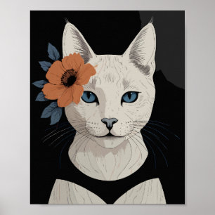 オレンジ色の花を持つ猫 ポスター