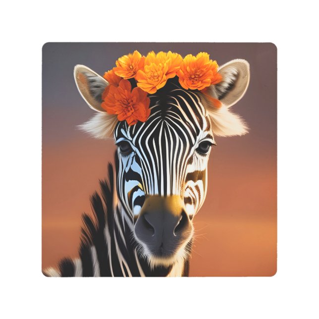 オレンジ色の花を着たかわいいゼブラ メタルプリント (正面)