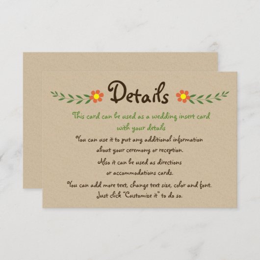 オレンジ色の花クラフト結婚の詳細挿入カード エンクロージャーカード (正面/裏面)