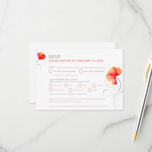 オレンジ色の花グレー渦巻き水色RSVP 出欠カード (正面/裏面インサイチュ)