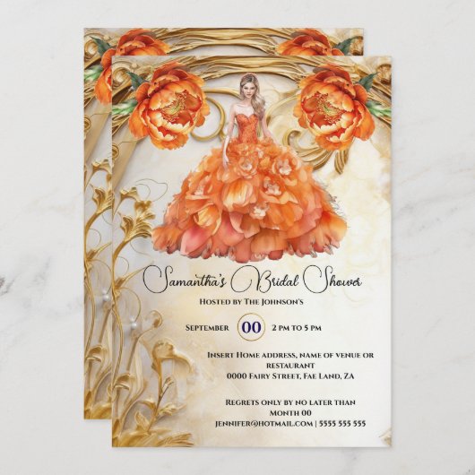 オレンジ色の花嫁はフローラのボールゴウン牡丹の花になる 招待状 (正面/裏面)