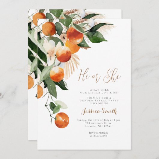 オレンジ色の花彼または彼女の緑のジェンダーが明かす 招待状 (正面/裏面)