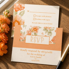 オレンジ色の花柄の結婚式RSVPカード 出欠カード