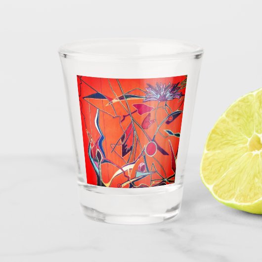 オレンジ色の花柄 ショットグラス (正面)