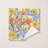 オレンジ色の花柄 バスタオルセット (ウォッシュタオル)