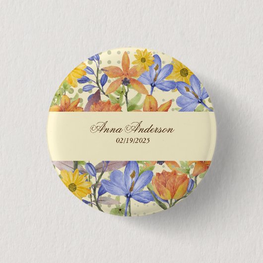 オレンジ色の花柄 缶バッジ (正面)